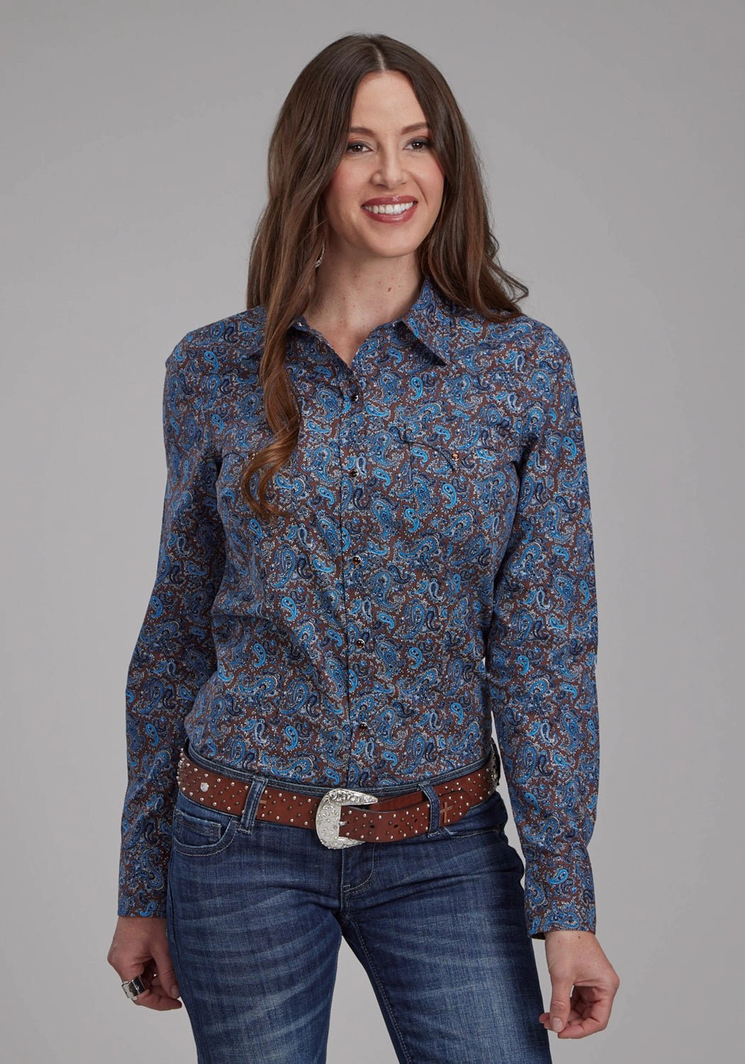 Roper Womens 2172 River Paisley Brown 100% Cotton L/S Shirt Eco Friendly Dye Odor Control Technology