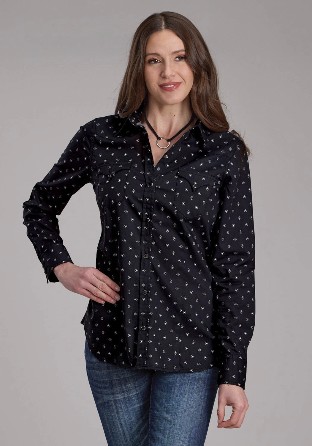 Microfiber Material Roper Womens 2180 Broken Diamonds Black 100% Cotton L/S Shirt