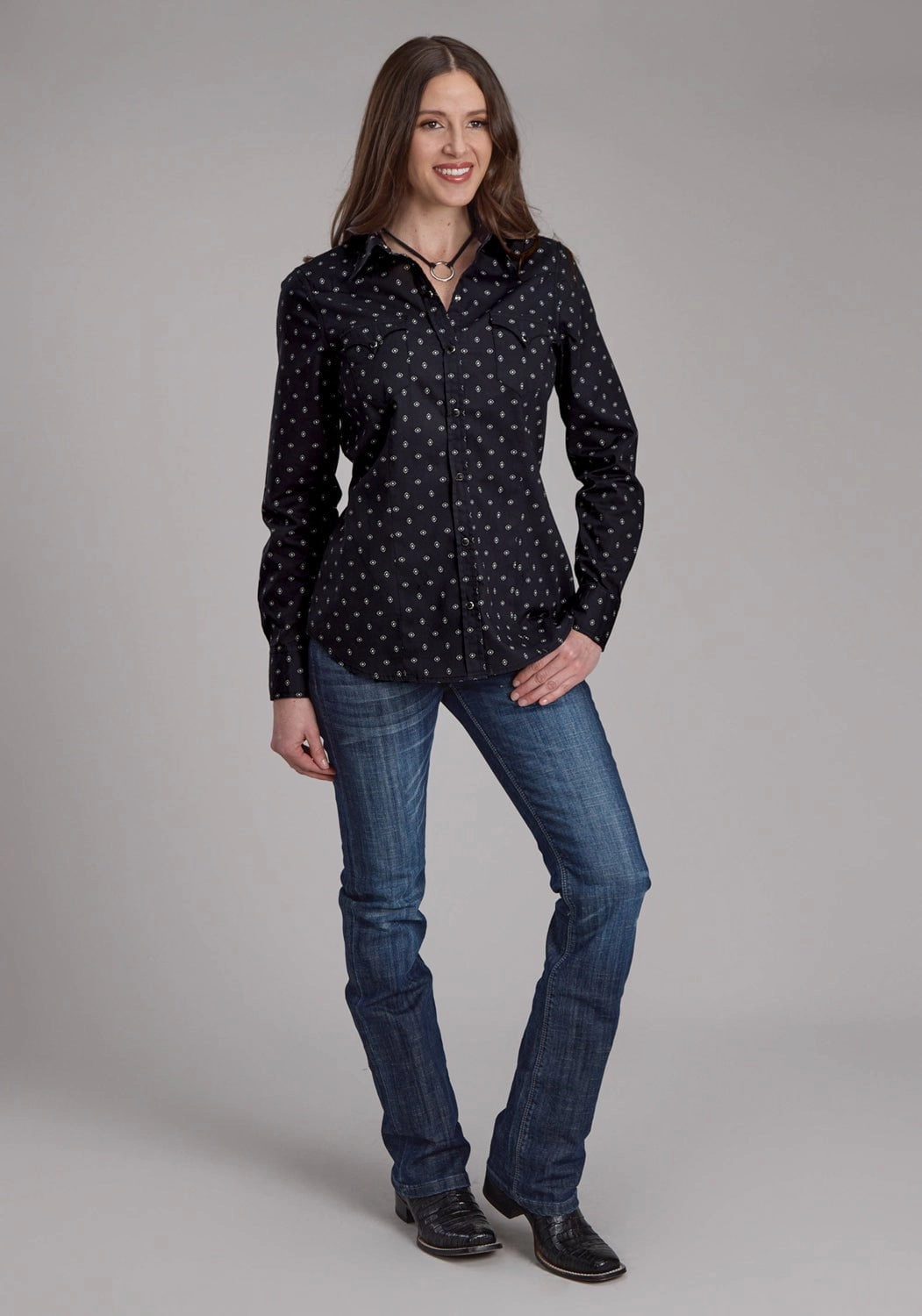 Moisture Wicking Material Roper Womens 2180 Broken Diamonds Black 100% Cotton L/S Shirt