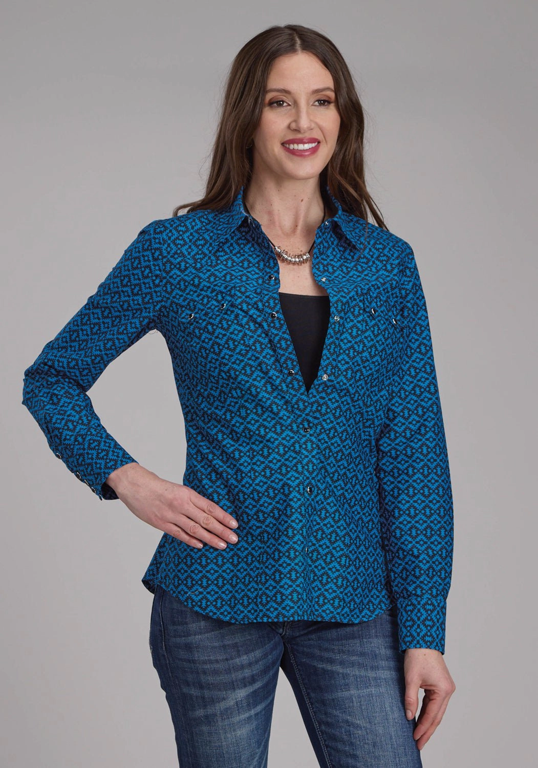 Comfort Fit Corporate Retreat Roper Womens 2181 Aztec Tile Blue 100% Cotton L/S Shirt