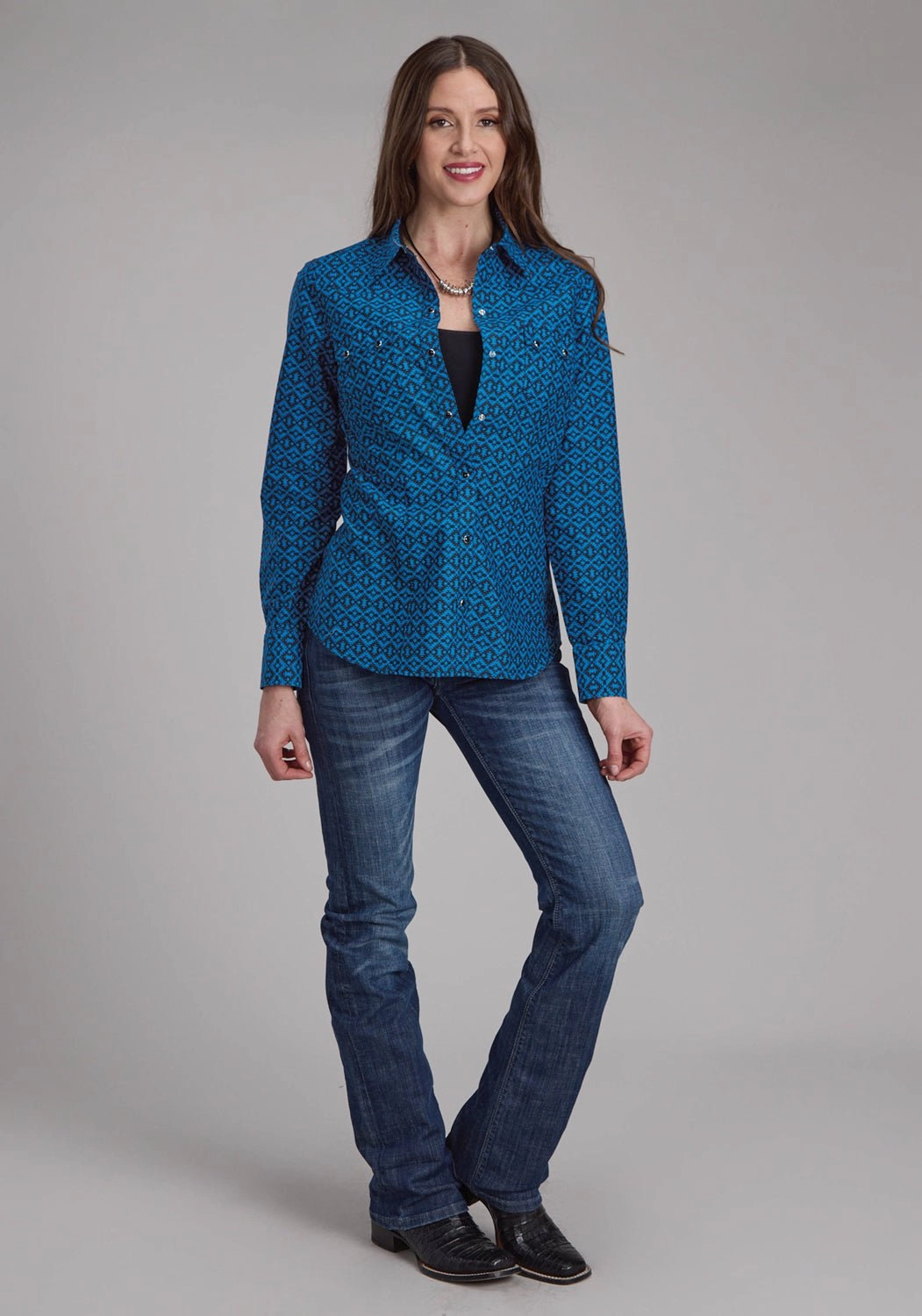 Waffle Weave Roper Womens 2181 Aztec Tile Blue 100% Cotton L/S Shirt