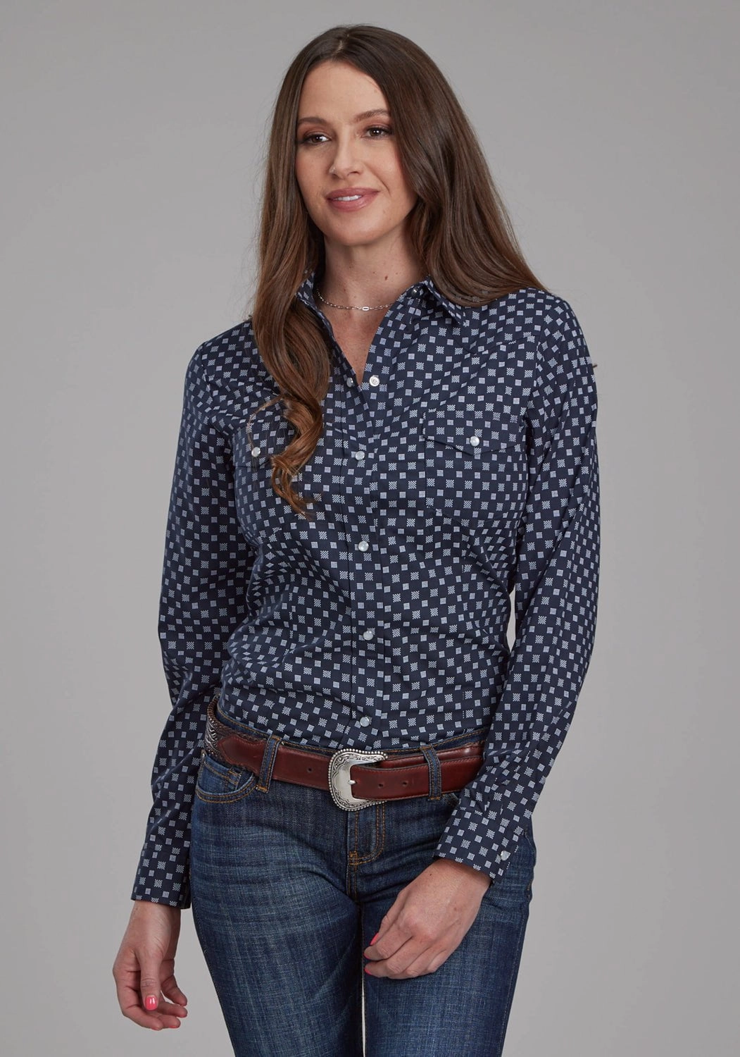 Roper Womens 2284 Squares Navy/White Cotton Blend L/S Shirt Hidden Placket Checkered Look