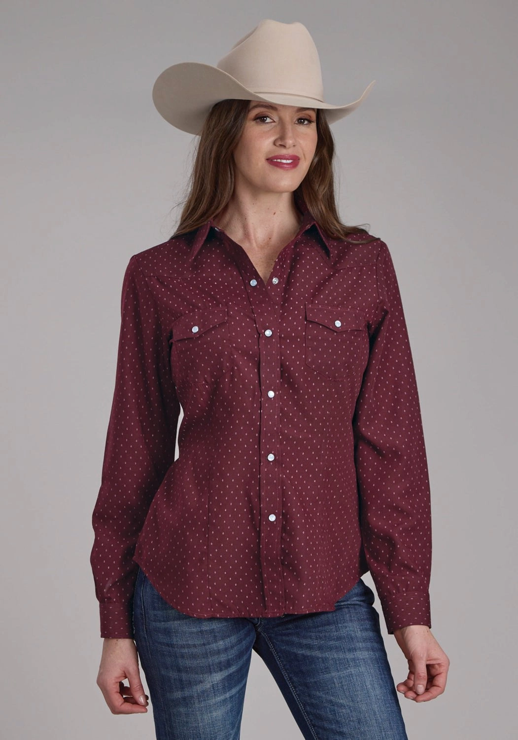 Custom Fit Advanced Moisture Management Roper Womens 2287 Dot Print Wine Cotton Blend L/S Shirt