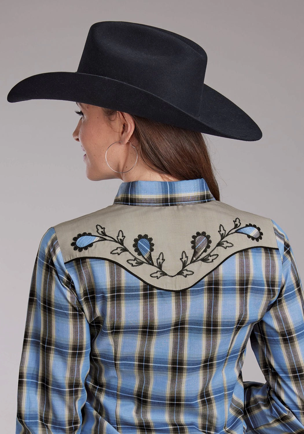 quick dry Roper Womens 2412 Fancy Applique Blue/Brown Cotton Blend L/S Shirt