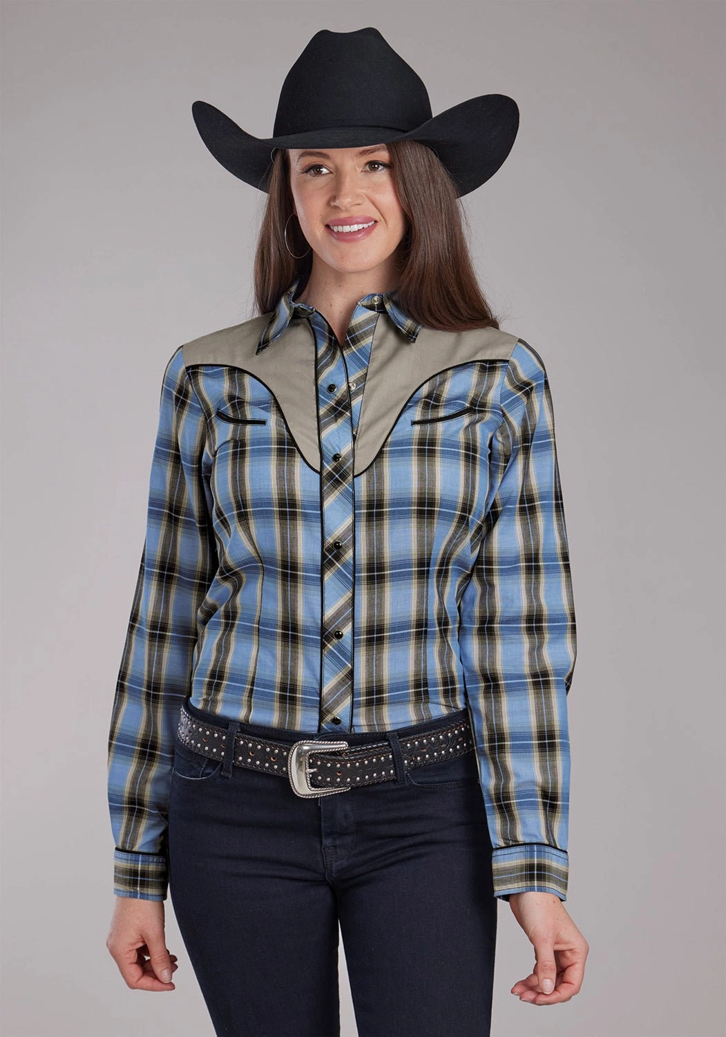 Special Occasion Advanced Moisture Management Roper Womens 2412 Fancy Applique Blue/Brown Cotton Blend L/S Shirt