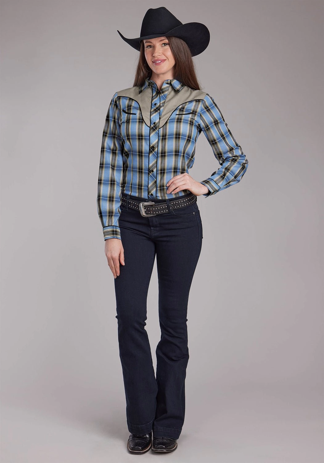 Gym Appropriate Roper Womens 2412 Fancy Applique Blue/Brown Cotton Blend L/S Shirt