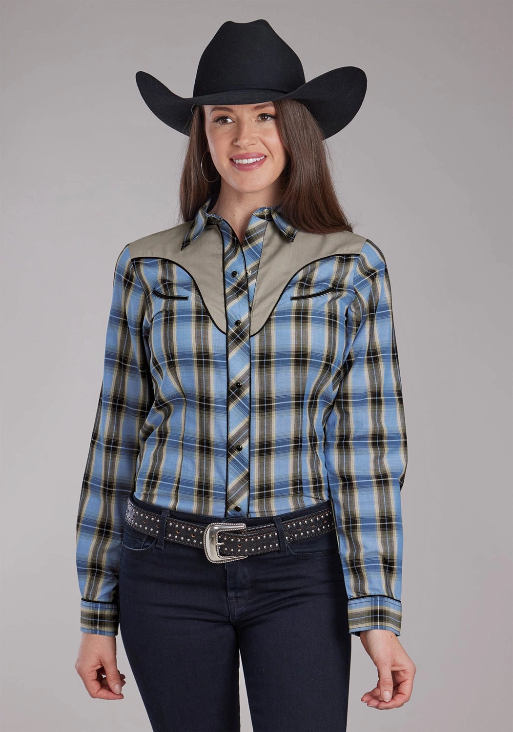 Roper Womens 2412 Fancy Applique Blue/Brown Cotton Blend L/S Shirt Yoke Design Abrasion Resistant Edging