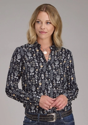 Roper Womens 2422 Floral Print Vintage Black 100% Rayon L/S Shirt Button front