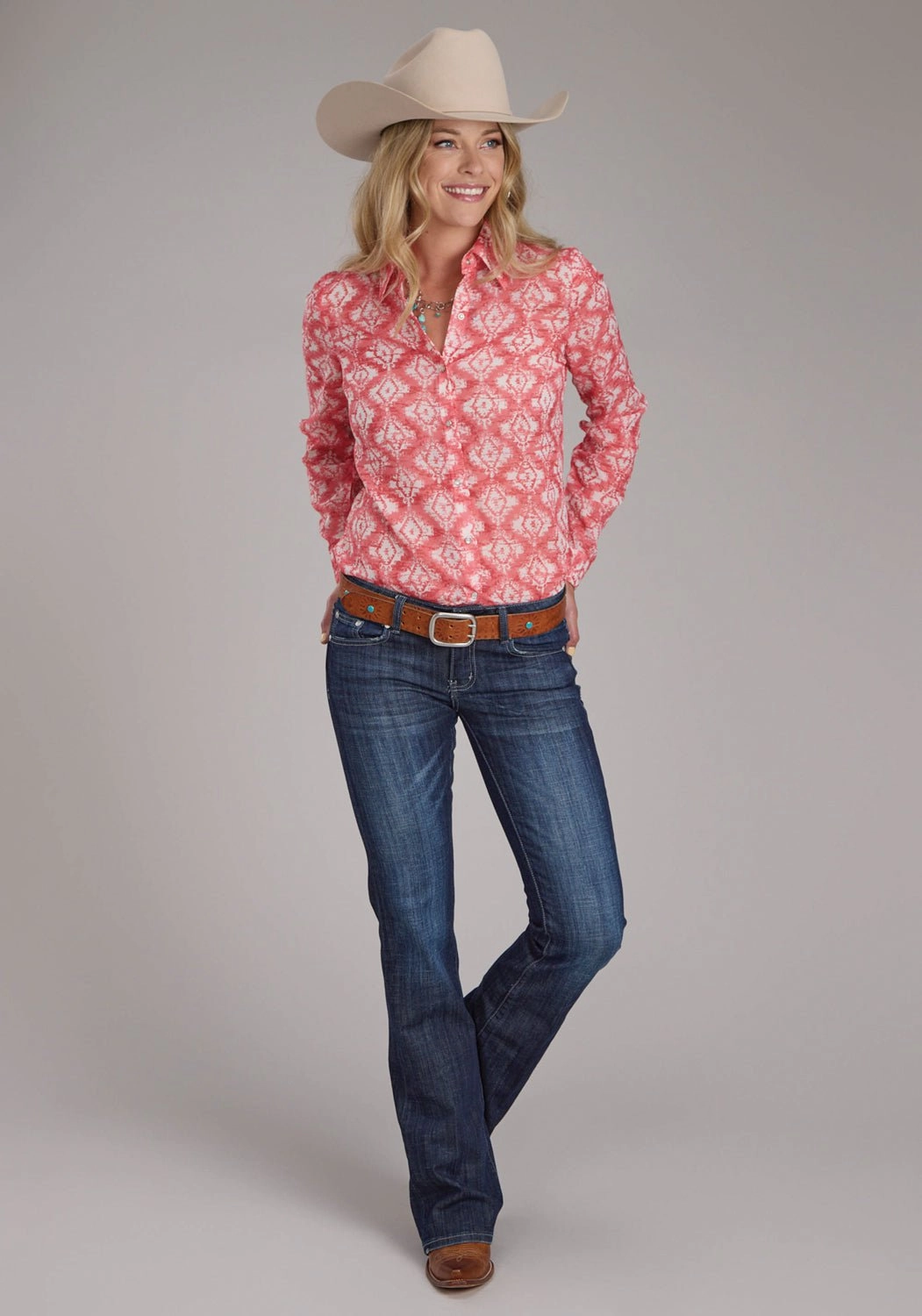 Durable Quality Lakeside Relaxation Roper Womens 2423 Ikat Aztec Pink 100% Polyester L/S Blouse