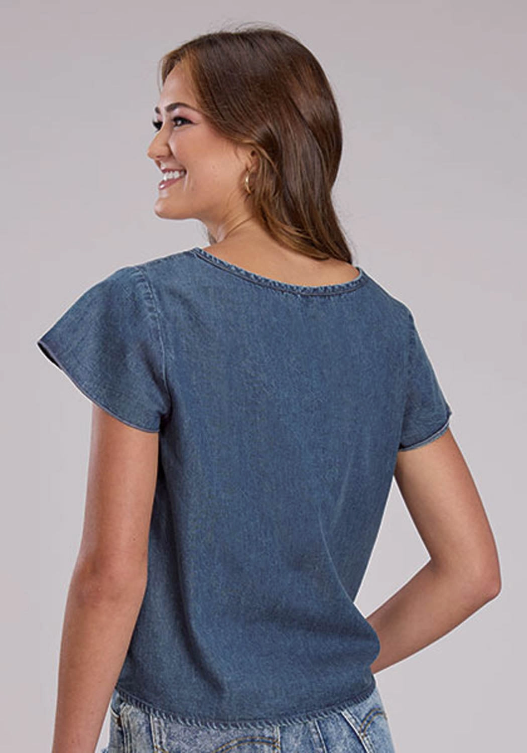 Roper Womens 2530 Flutter Sleeve Denim 100% Cotton Cactus S/S Blouse Luxury Feel