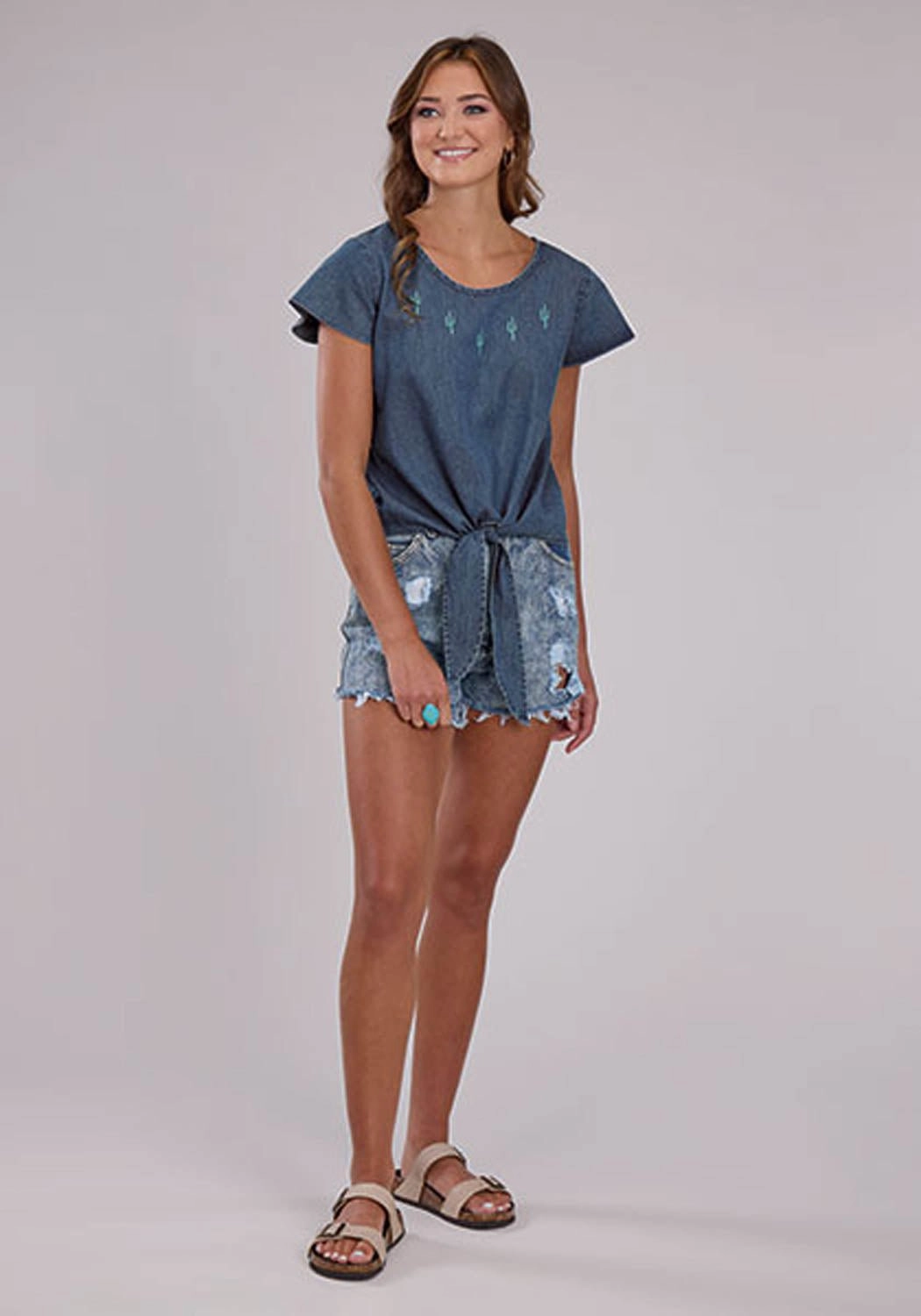 Tagless Labeling Roper Womens 2530 Flutter Sleeve Denim 100% Cotton Cactus S/S Blouse