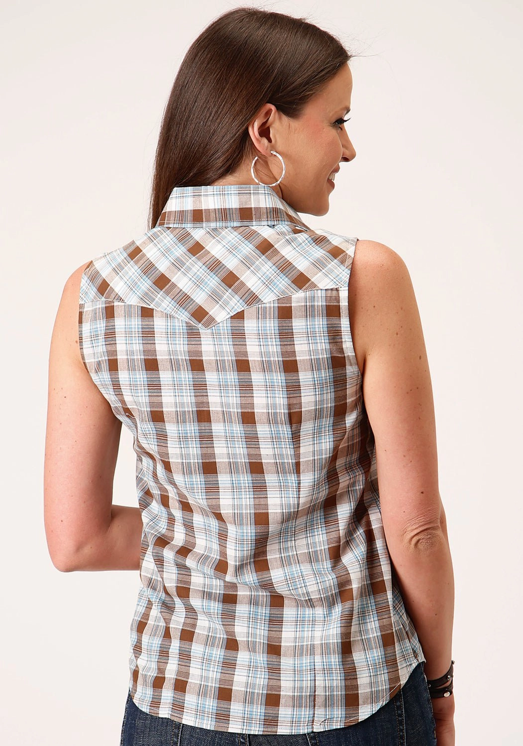 Roper Womens 55/45 Plaid Brown/Blue Cotton Blend S/L Shirt No Slip Shoulder Grips Timeless Classic
