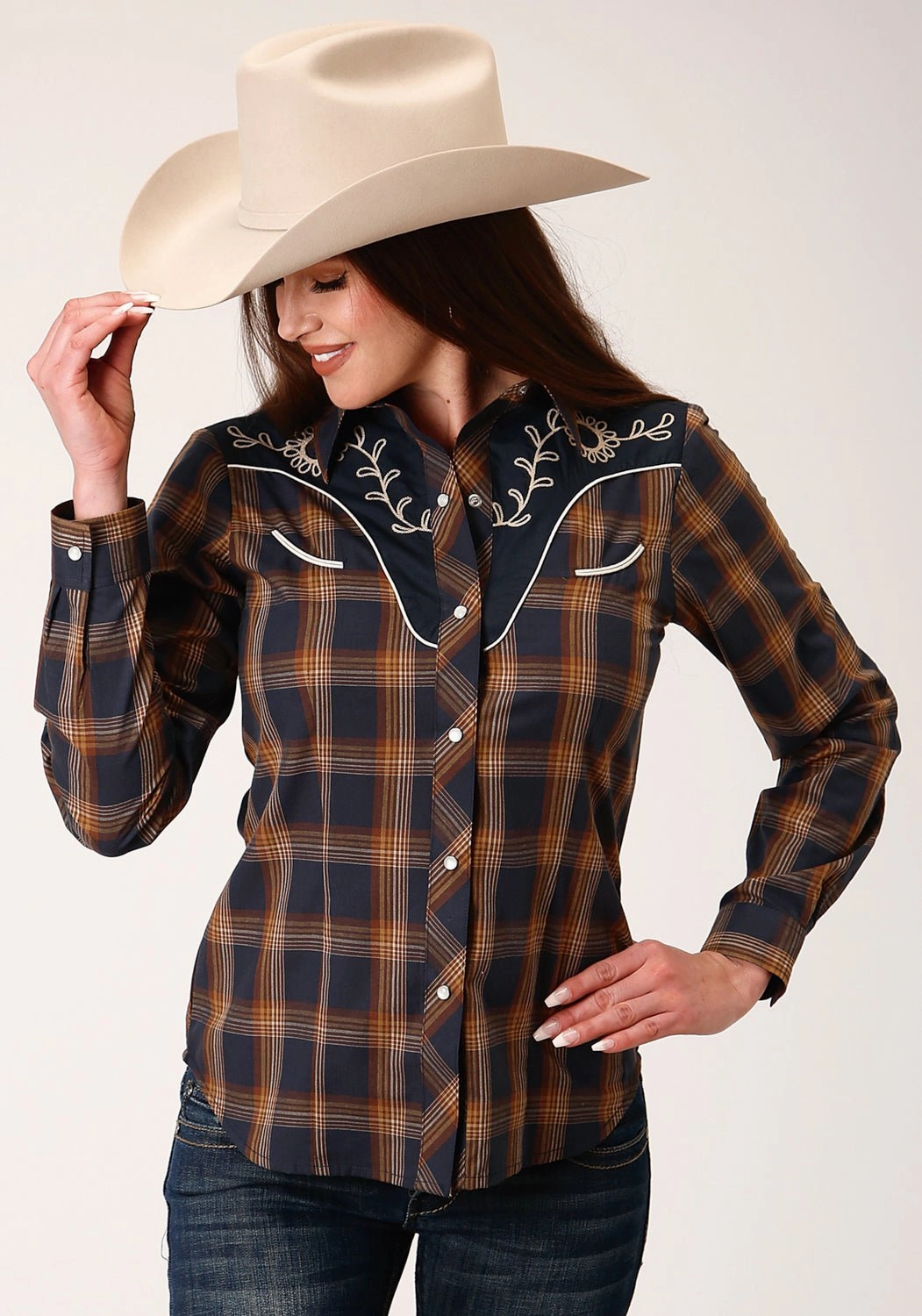 Gym Wear Roper Womens 822 Plaid Navy/Brown Cotton Blend L/S Shirt
