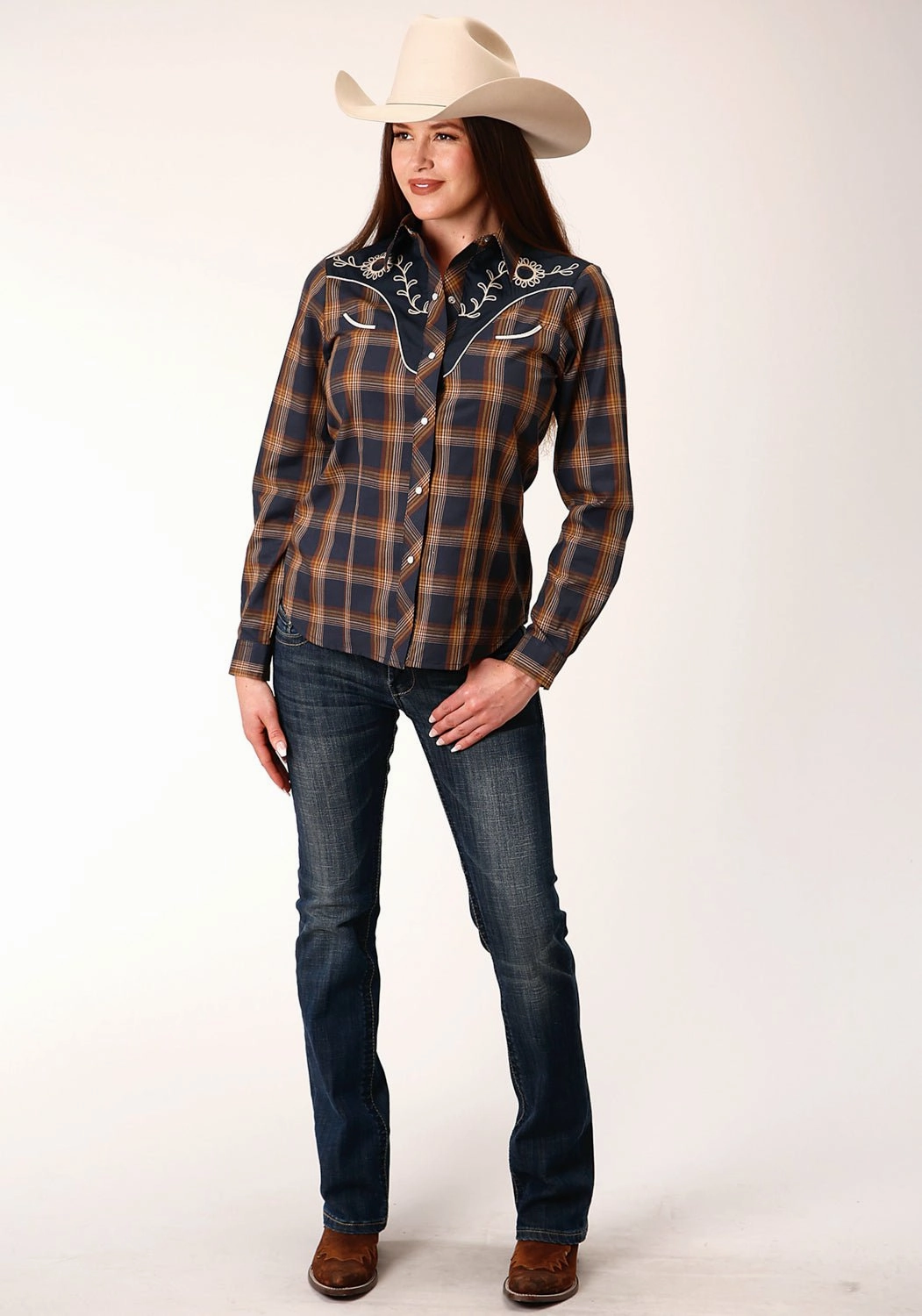 Roper Womens 822 Plaid Navy/Brown Cotton Blend L/S Shirt Athleisure Trend Winter Fashion