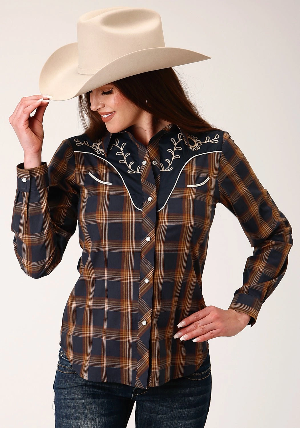 Roper Womens 822 Plaid Navy/Brown Cotton Blend L/S Shirt Graduation Attire UV Protection