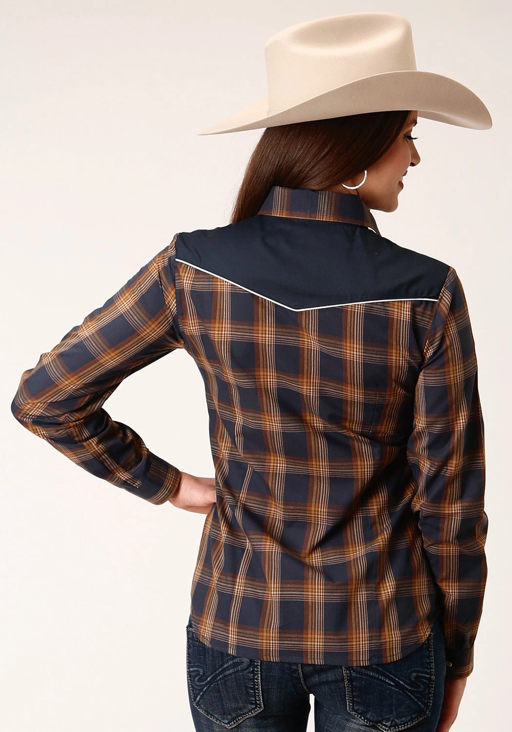 Waffle Weave Low Maintenance Roper Womens 822 Plaid Navy/Brown Cotton Blend L/S Shirt