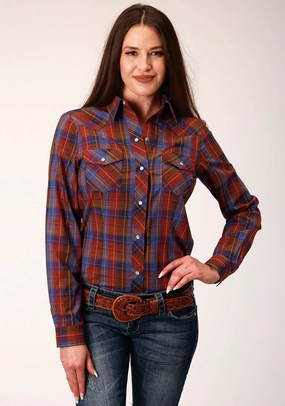 Roper Womens 825 Plaid Wine/Peri Cotton Blend L/S Shirt High-Quality Material