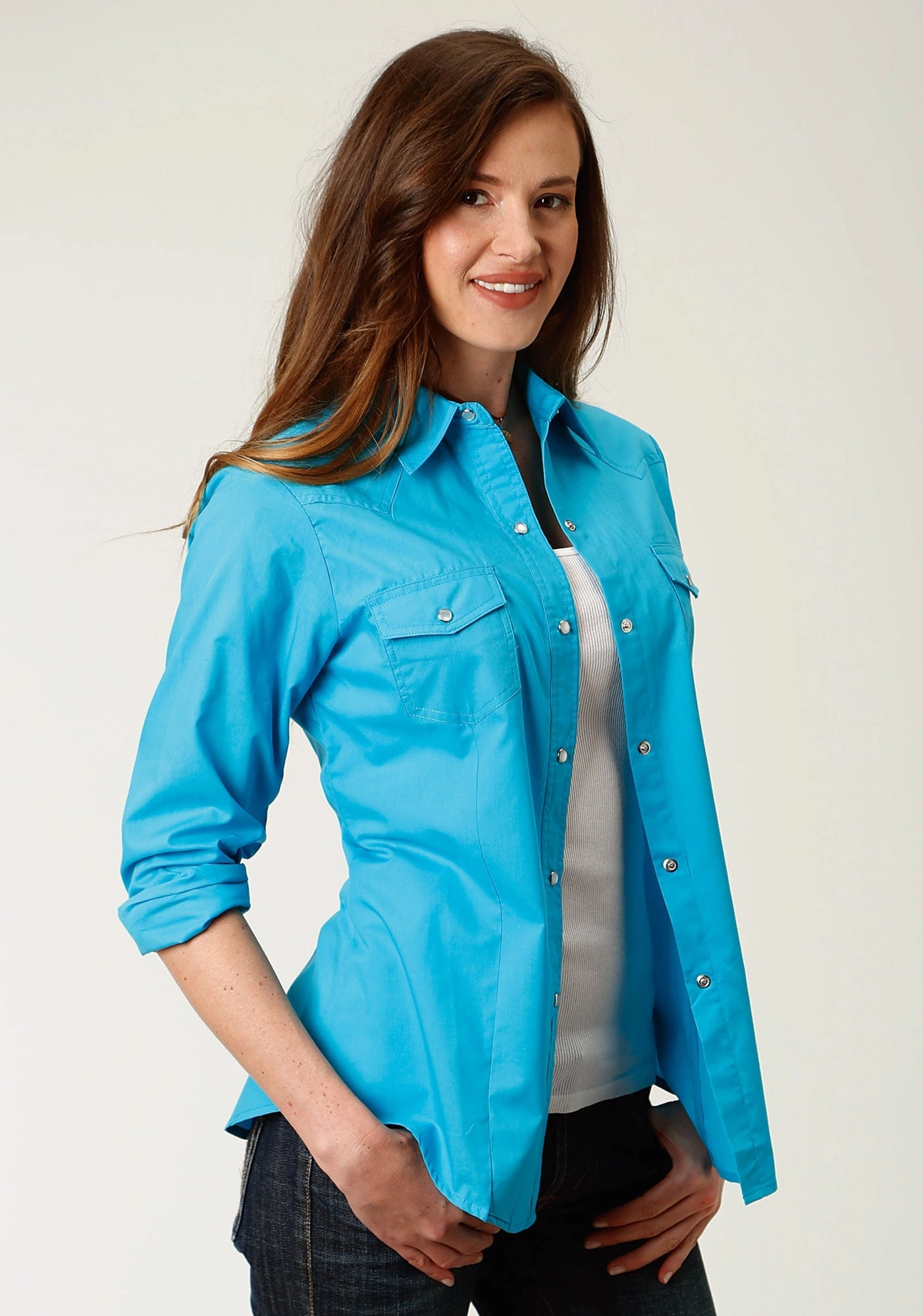 UV Protective Coating Corporate Event Roper Womens 9839 Broadcloth Turquoise Cotton Blend L/S Shirt