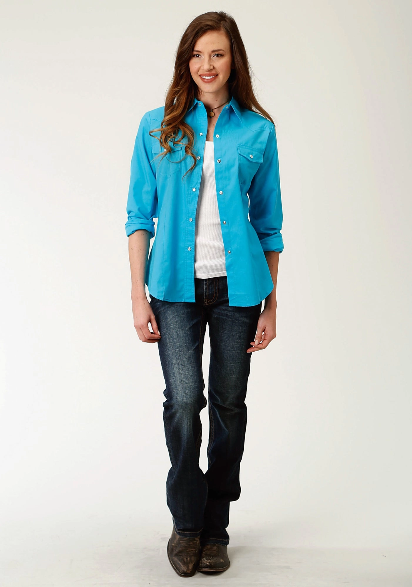 Thermoregulating Layer Roper Womens 9839 Broadcloth Turquoise Cotton Blend L/S Shirt