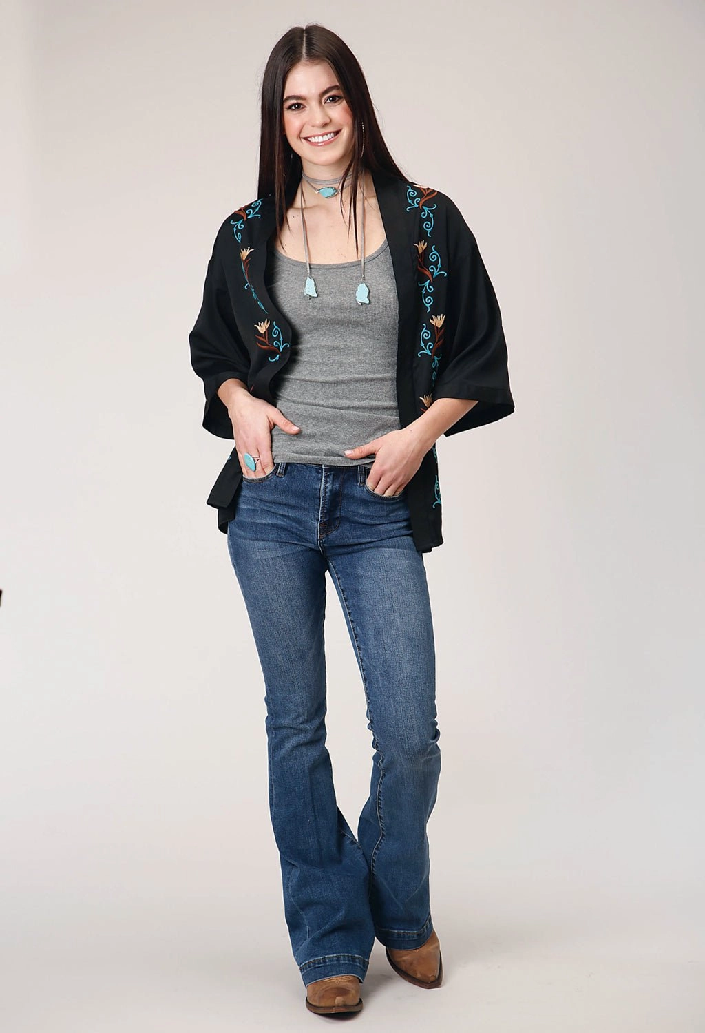 Functional Layer Warm Knit Design Roper Womens American Crepe Black 100% Polyester Cardigan Sweater