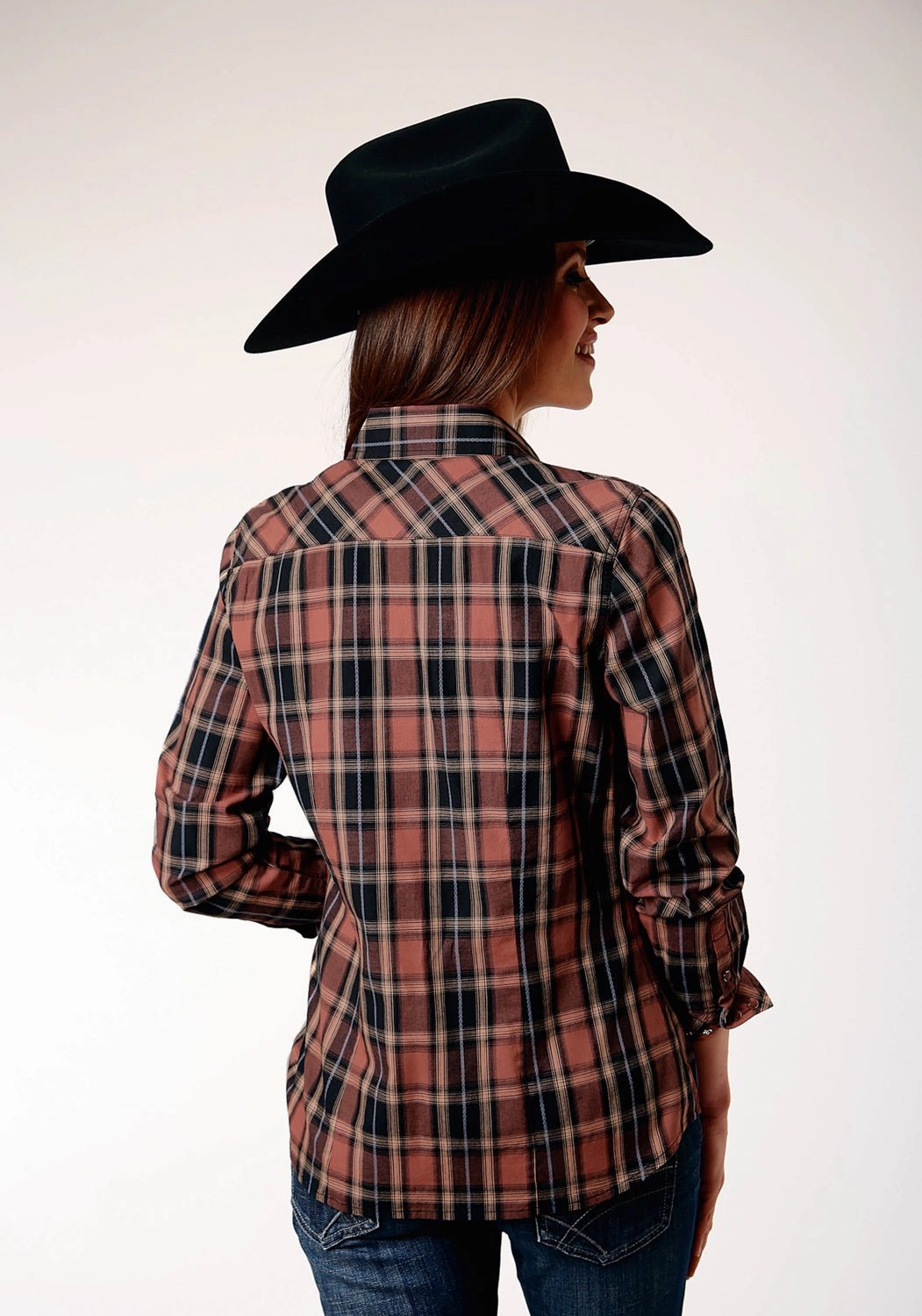 Premium Quality Anti Pill Technology Roper Womens Arrow Dobby Plaid Brown 100% Cotton L/S Shirt