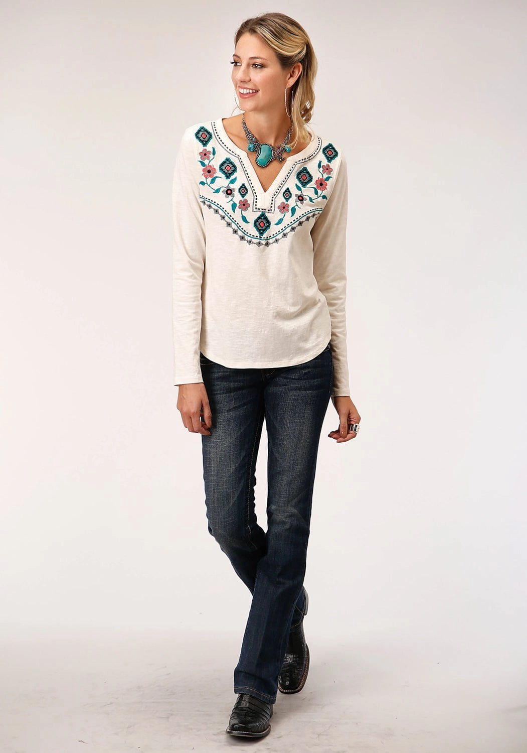 Embellished Neckline Roper Womens Aztec Floral Cream 100% Cotton L/S Tunic