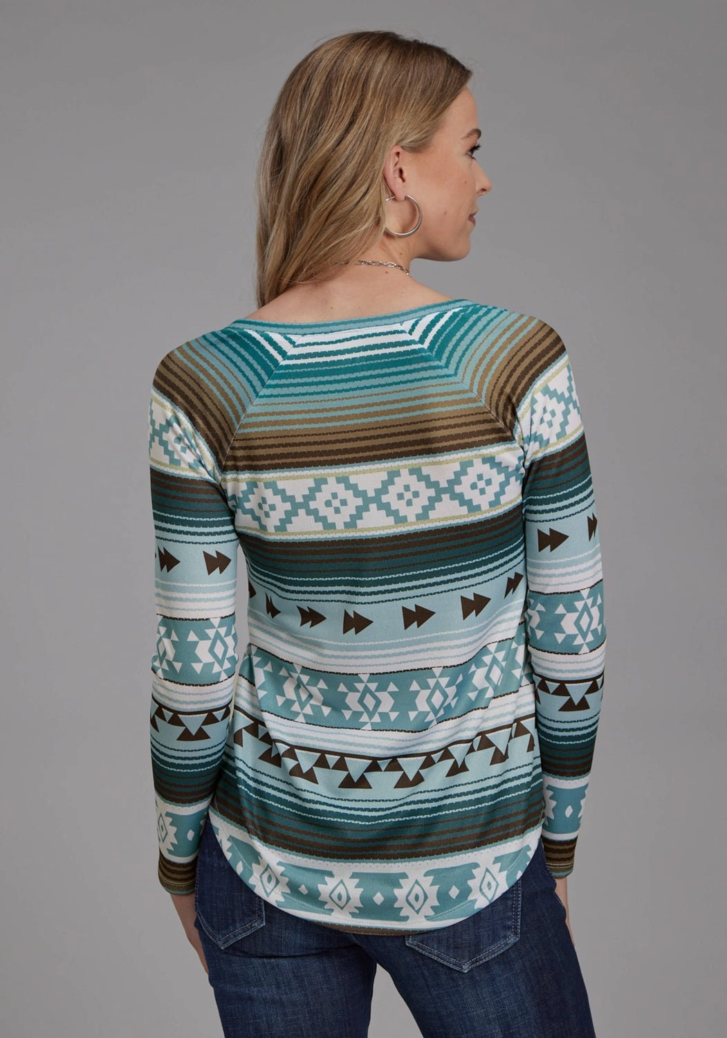 Roper Womens Aztec Sublimation Teal/Brown Polyester L/S Tunic Eco-Friendly Choice