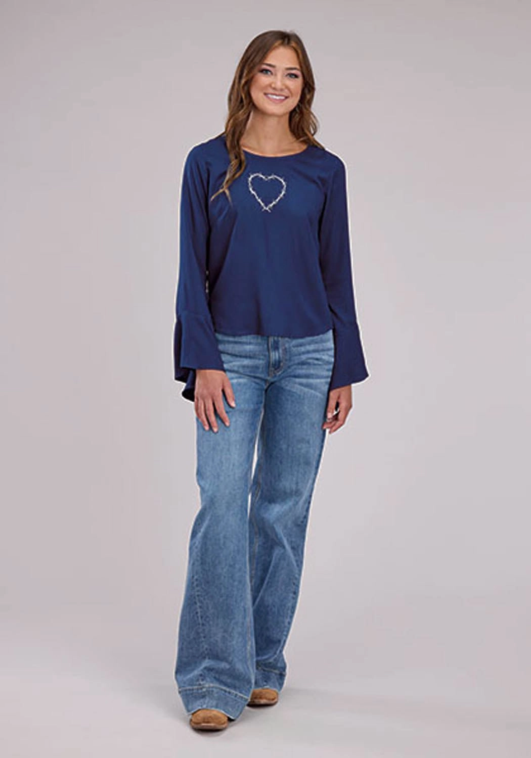 Designer Look Roper Womens Barbwire Heart Blue 100% Rayon L/S Tunic