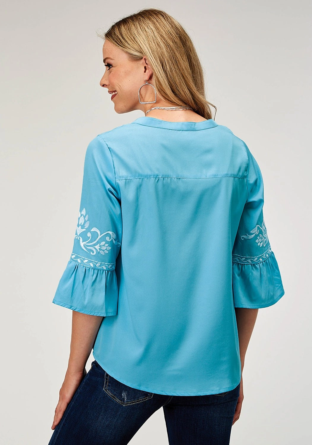 Functional Fashion Roper Womens Bell Sleeve Embroidery Blue 100% Polyester S/S Blouse