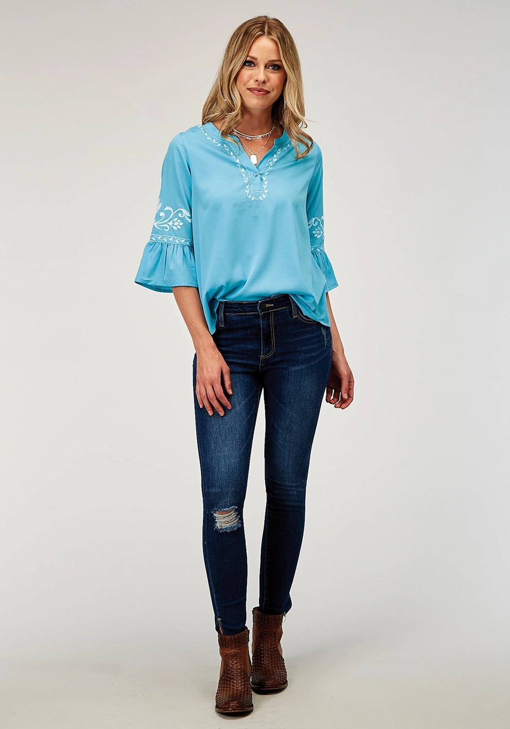 Social Meetup Functional Fashion Roper Womens Bell Sleeve Embroidery Blue 100% Polyester S/S Blouse