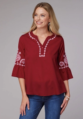 Lakeside Relaxation Roper Womens Bell Sleeve Pullover Red 100% Polyester S/S Blouse