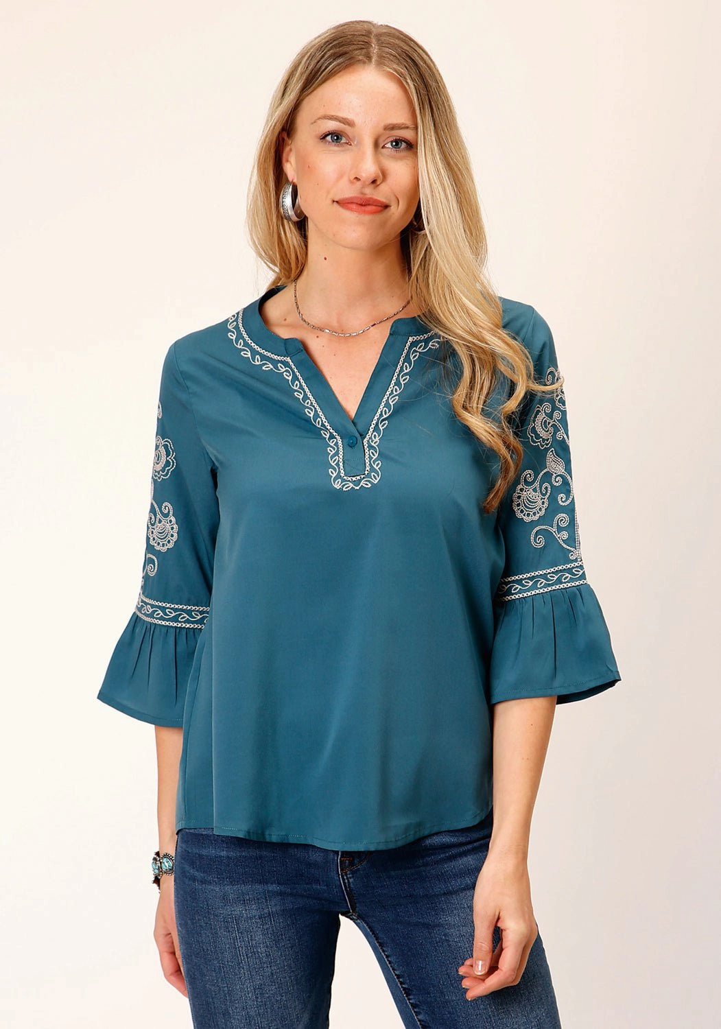 Roper Womens Bell Sleeve Teal 100% Polyester S/S Blouse Relaxed Silhouette Graduation Attire