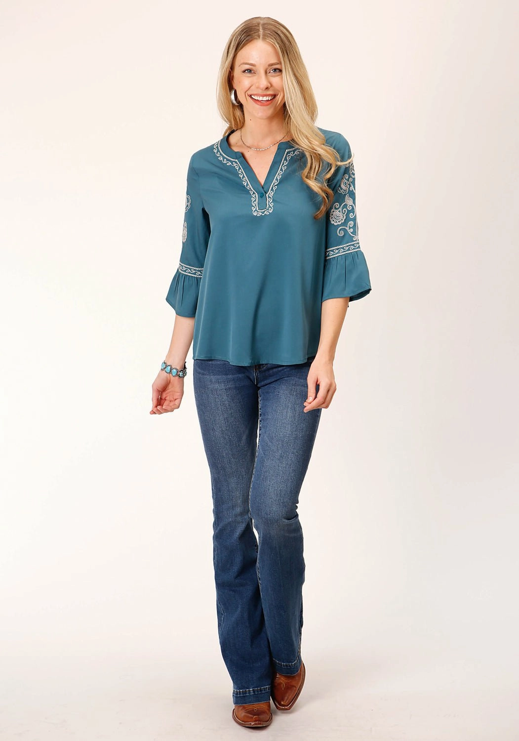 Roper Womens Bell Sleeve Teal 100% Polyester S/S Blouse Sustainable Dye Process Timeless Classic