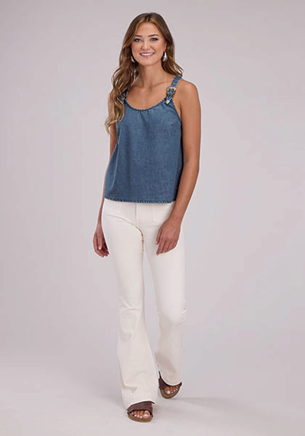Roper Womens Belt Buckle Strap Denim Blue 100% Cotton S/L Tank Top Gift Idea