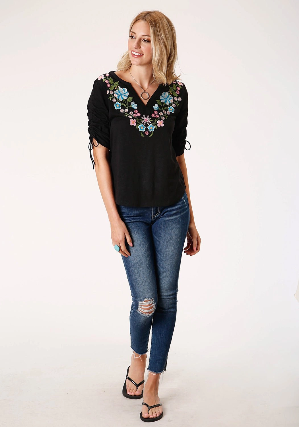 Eco Dye Technique Roper Womens Black 100% Cotton Floral Crewel S/S Ties Tunic