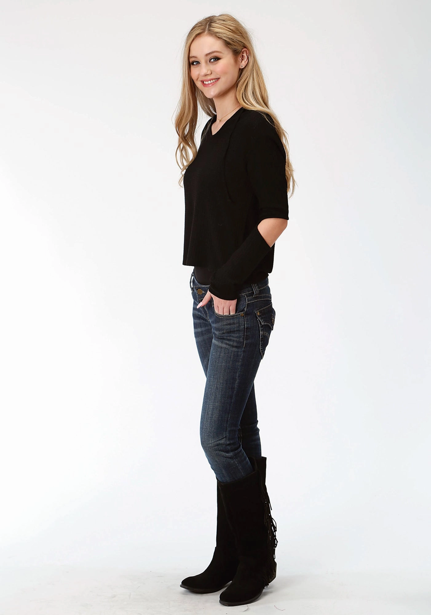 Roper Womens Black 100% Cotton Waffle Knit L/S Hoodie Essential Knit Style Knit Layers