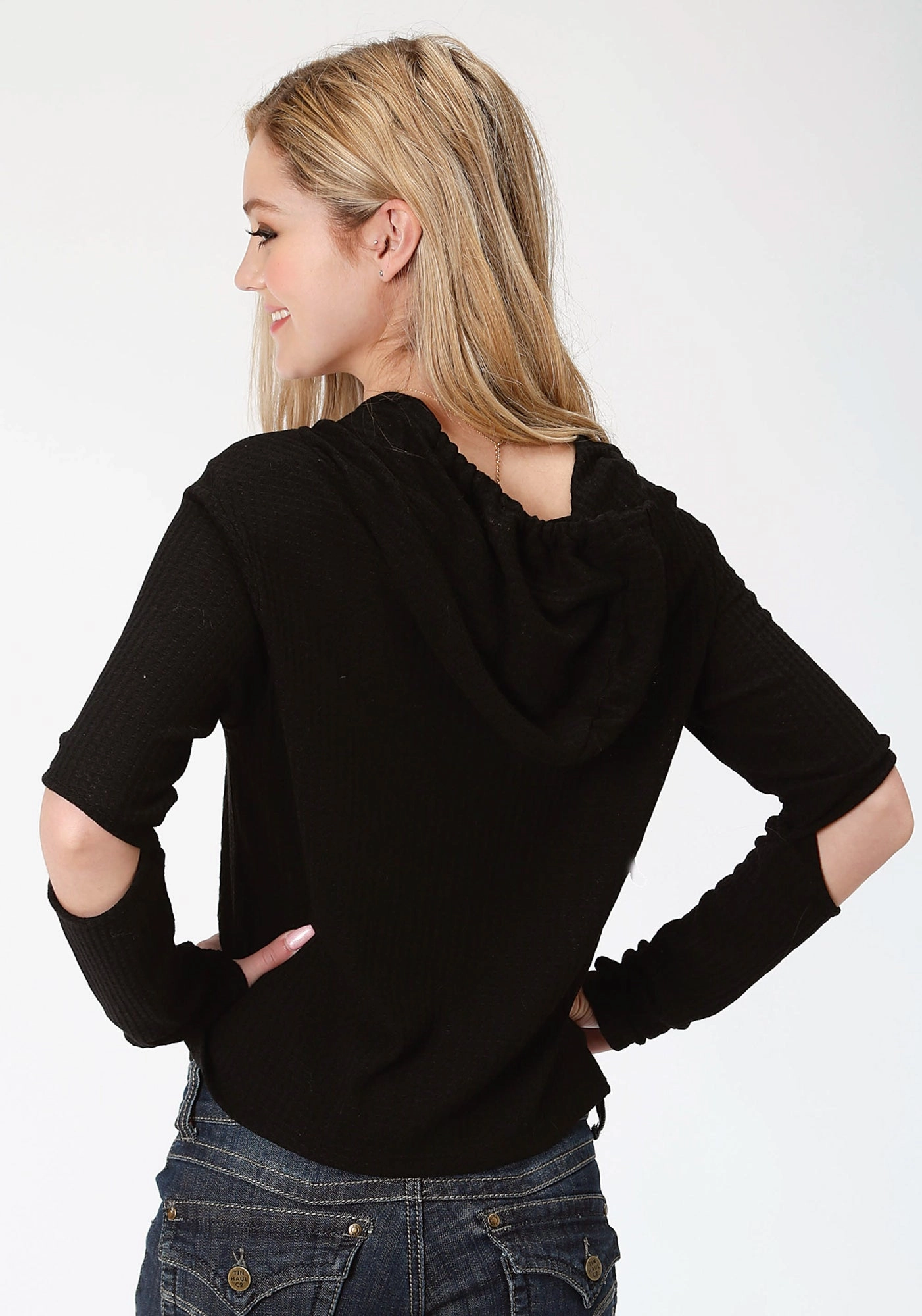 Roper Womens Black 100% Cotton Waffle Knit L/S Hoodie Breathable knit Knitted Fashion