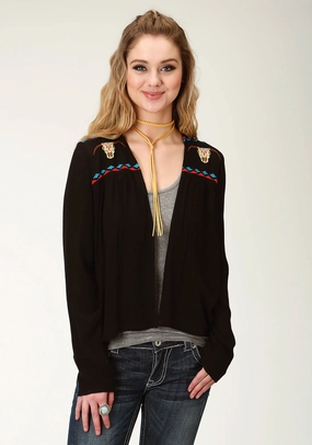 Roper Womens Black Cotton Blend Blended Crepe Cardigan Perfect Wear