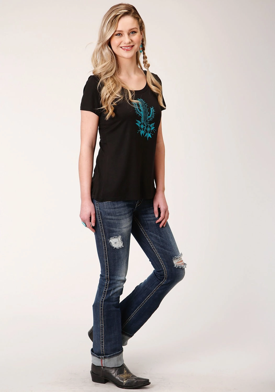 Ergonomic Back Panel Functional Pocket Roper Womens Black Poly/Rayon Blue Cactus S/S T-Shirt