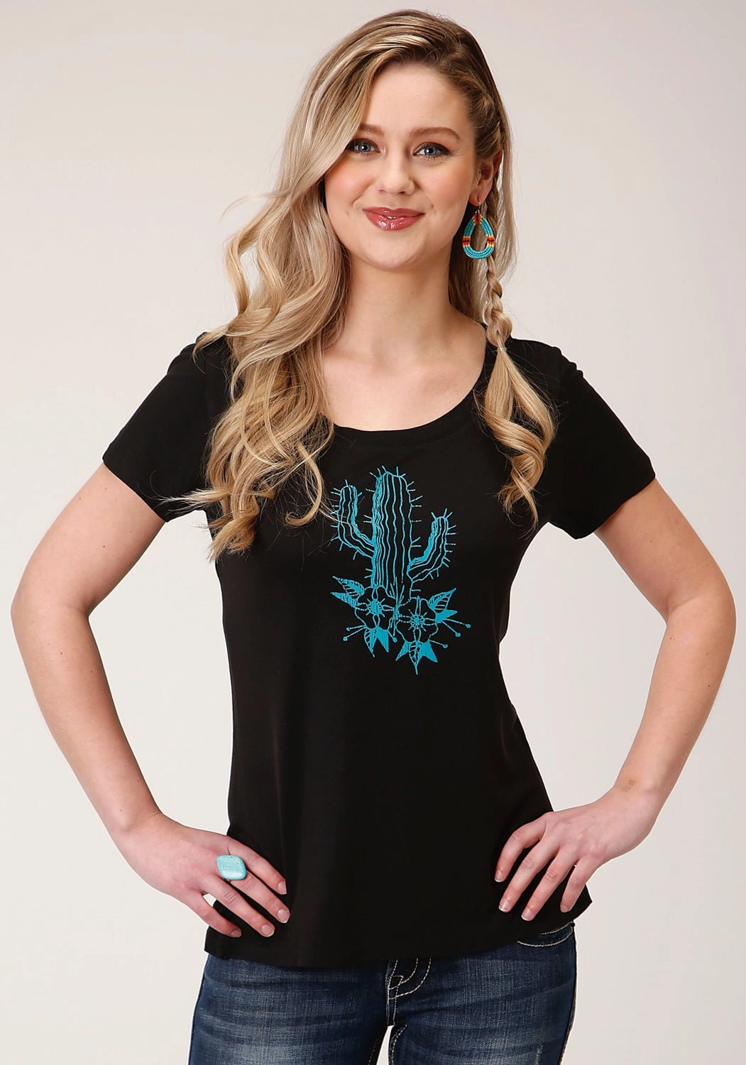 Perfect Fit Breathable Layer Roper Womens Black Poly/Rayon Blue Cactus S/S T-Shirt