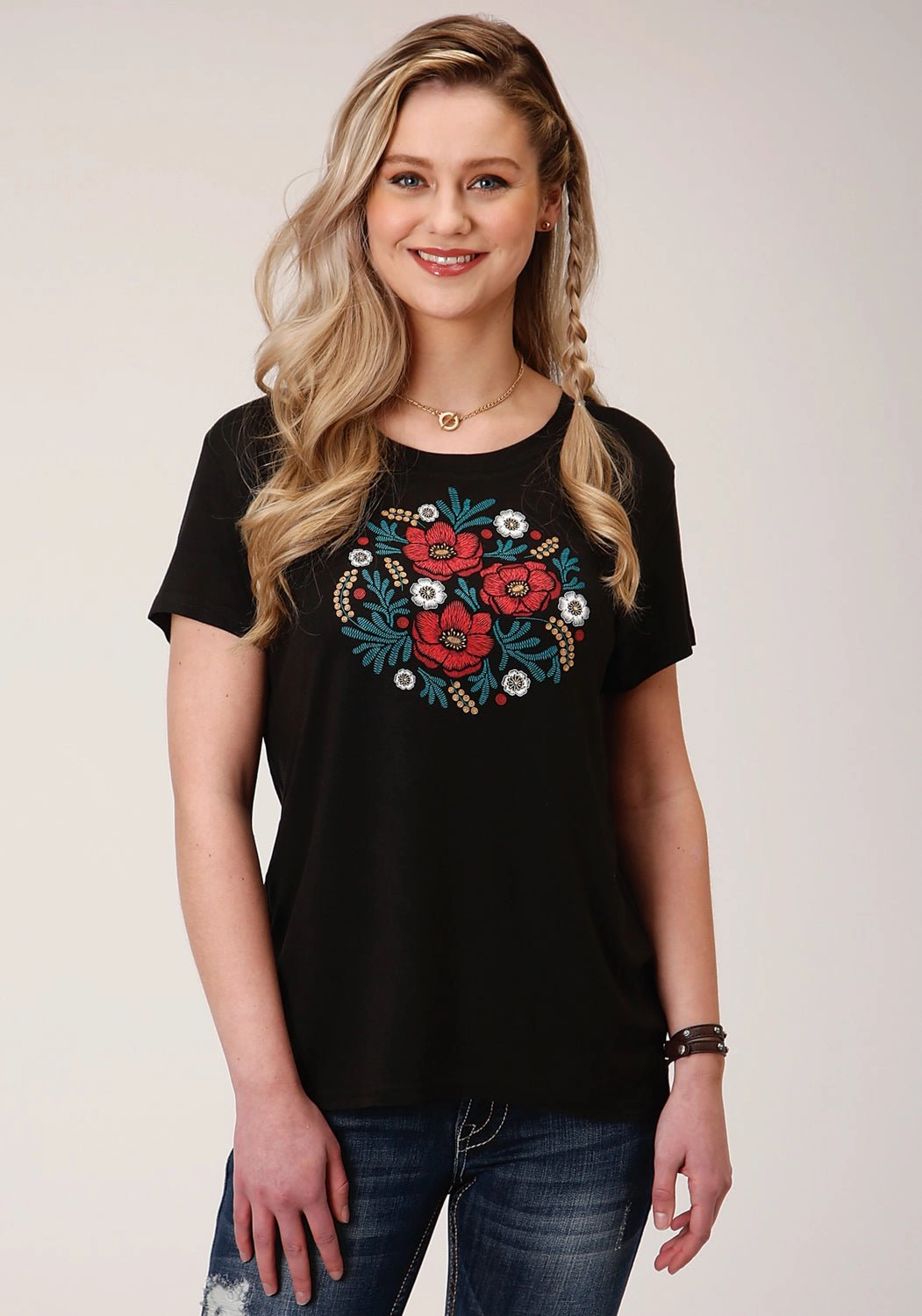 Roper Womens Black Poly/Rayon Floral S/S Boxy Fit T-Shirt Snag Free Surface Festival Fashion