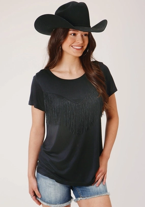 Roper Womens Black Poly/Rayon Fringe Knit S/S T-Shirt Ribbed Trim