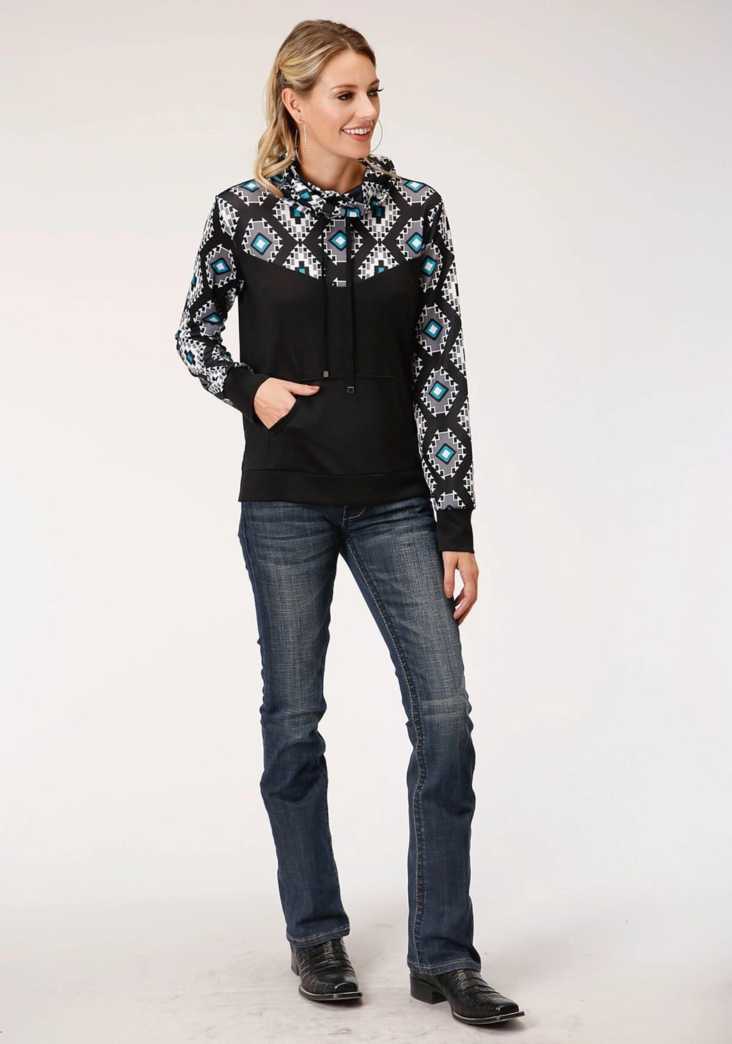 Snuggly Pieces Roper Womens Black Polyester Cowl Neck Navajo Rug Hoodie