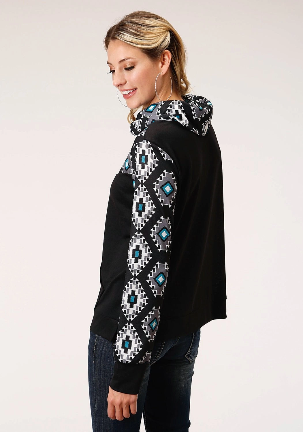 Fashion Forward Wear Thermal Lining Roper Womens Black Polyester Cowl Neck Navajo Rug Hoodie