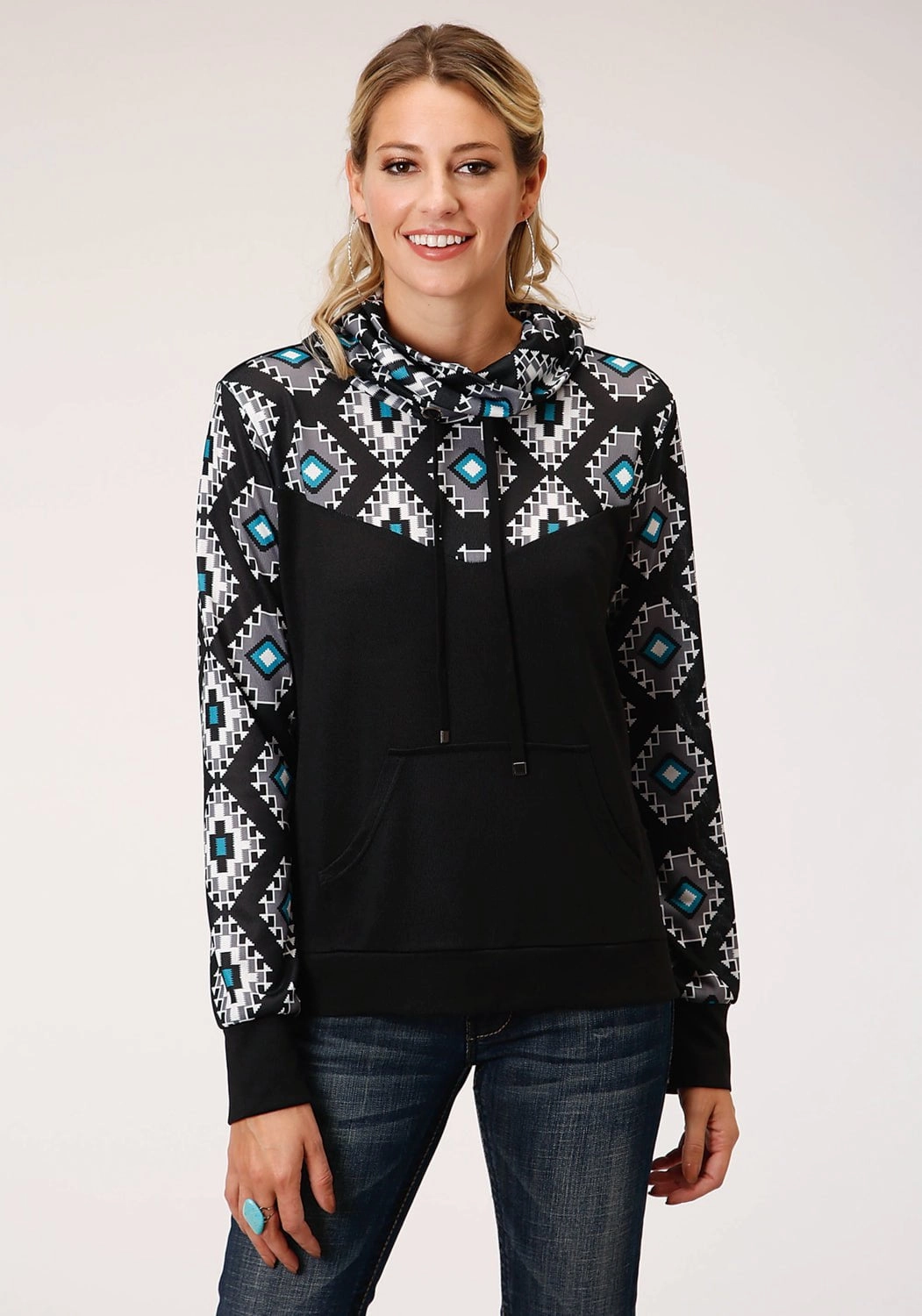 Chilly Weather Wear Roper Womens Black Polyester Cowl Neck Navajo Rug Hoodie