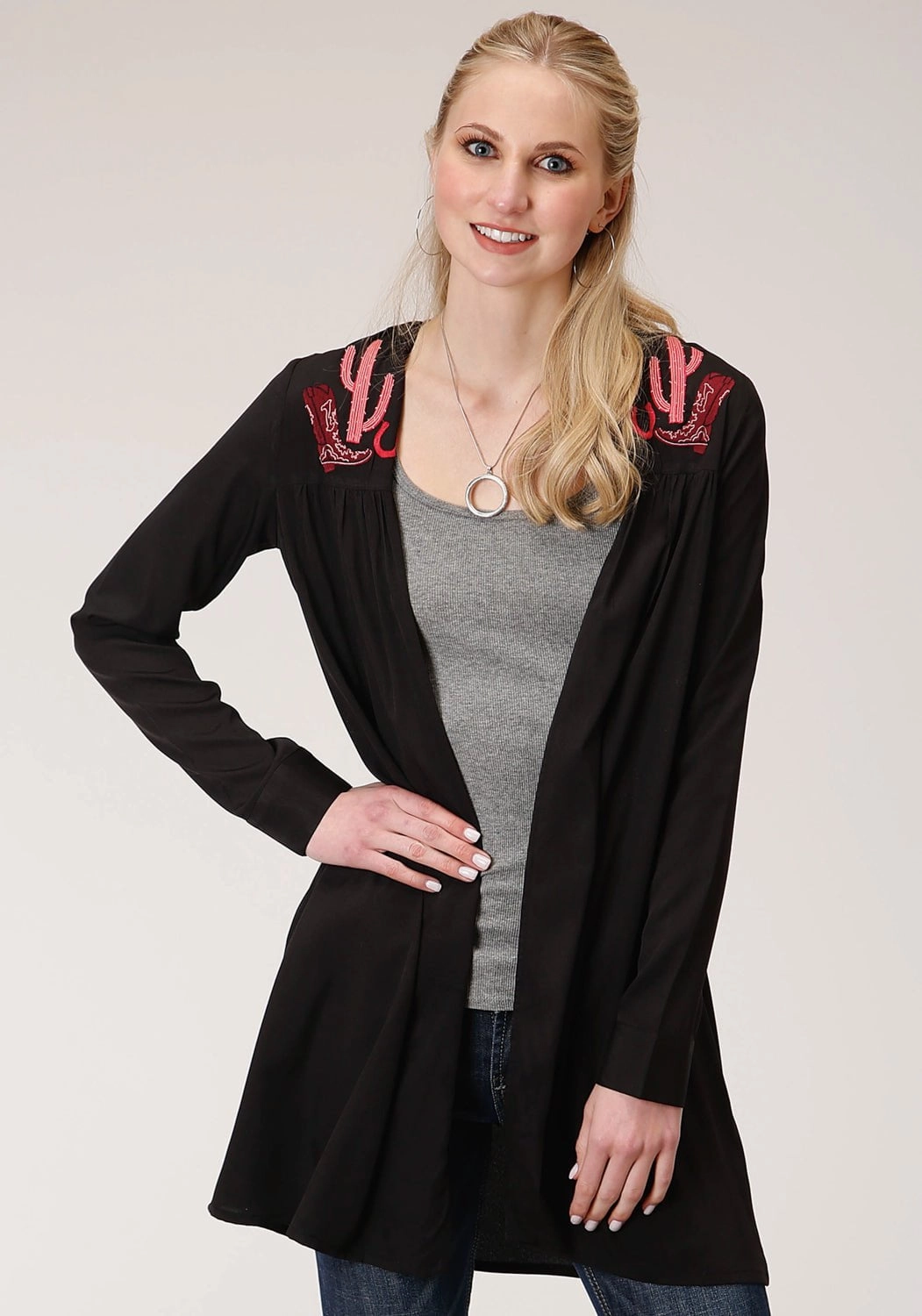 Cozy Must-Have Timeless Style Roper Womens Black Polyester Pink Cactus Cardigan