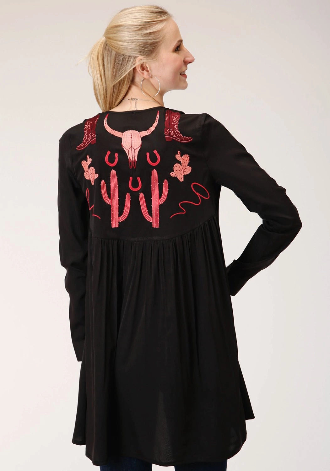 Roper Womens Black Polyester Pink Cactus Cardigan Soft Interior Fade Resistant Dye