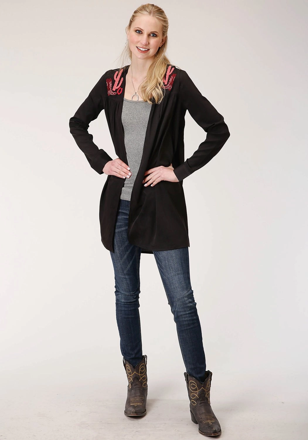 Ultimate Warmth Roper Womens Black Polyester Pink Cactus Cardigan