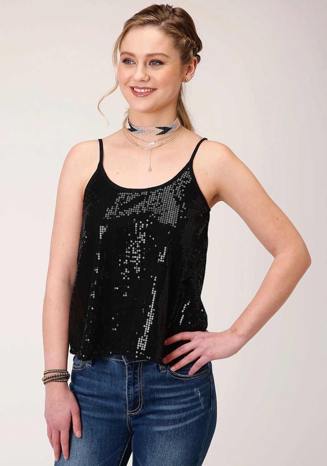 Unisex Choice Roper Womens Black Polyester Sequin Lined S/L Cami