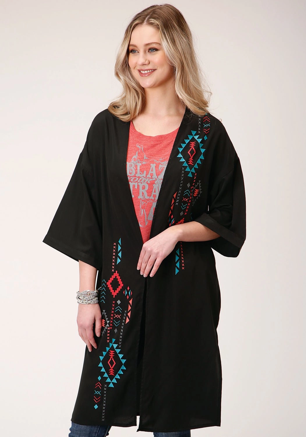 Roper Womens Black Polyester Southwestern Kimono Cardigan Winter Layering